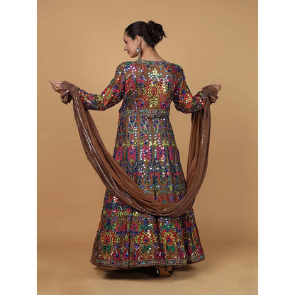 MILU MADAN Mocha Brown Viscose Silk Mirrorwork Jacket with Lehenga & Dupatta