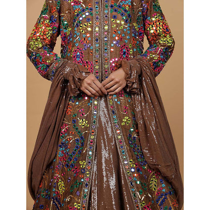MILU MADAN Mocha Brown Viscose Silk Mirrorwork Jacket with Lehenga & Dupatta