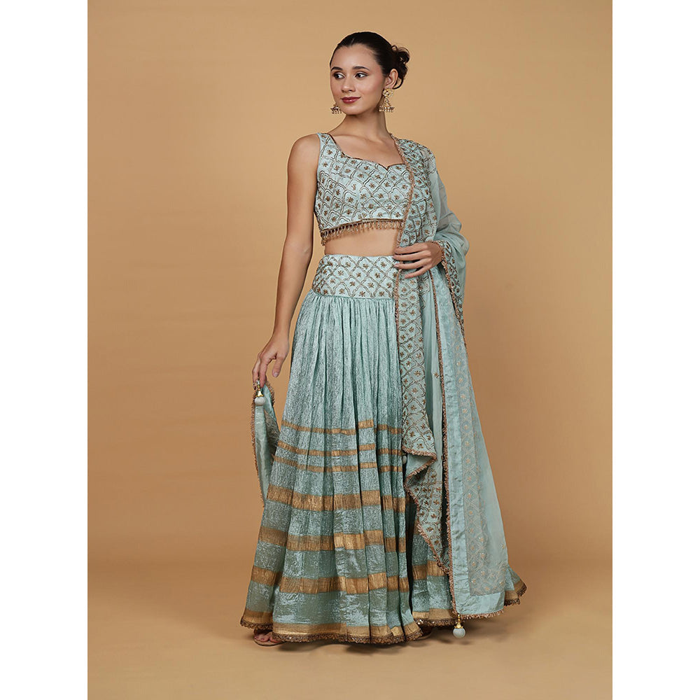 MILU MADAN Aqua Blue Viscose Silk Embroidery Lehenga with Blouse & Dupatta
