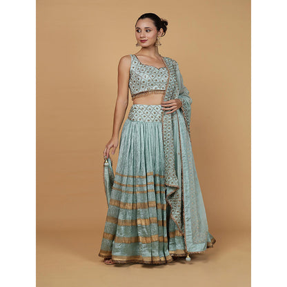 MILU MADAN Aqua Blue Viscose Silk Embroidery Lehenga with Blouse & Dupatta