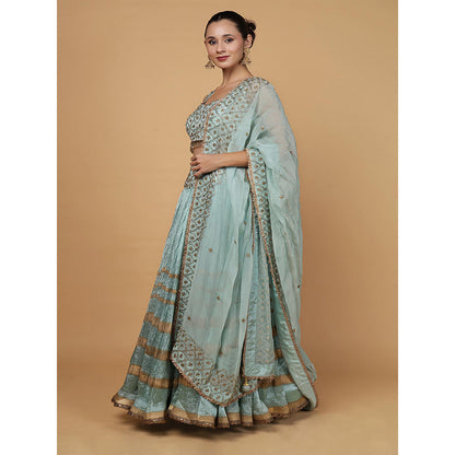 MILU MADAN Aqua Blue Viscose Silk Embroidery Lehenga with Blouse & Dupatta
