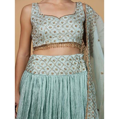 MILU MADAN Aqua Blue Viscose Silk Embroidery Lehenga with Blouse & Dupatta