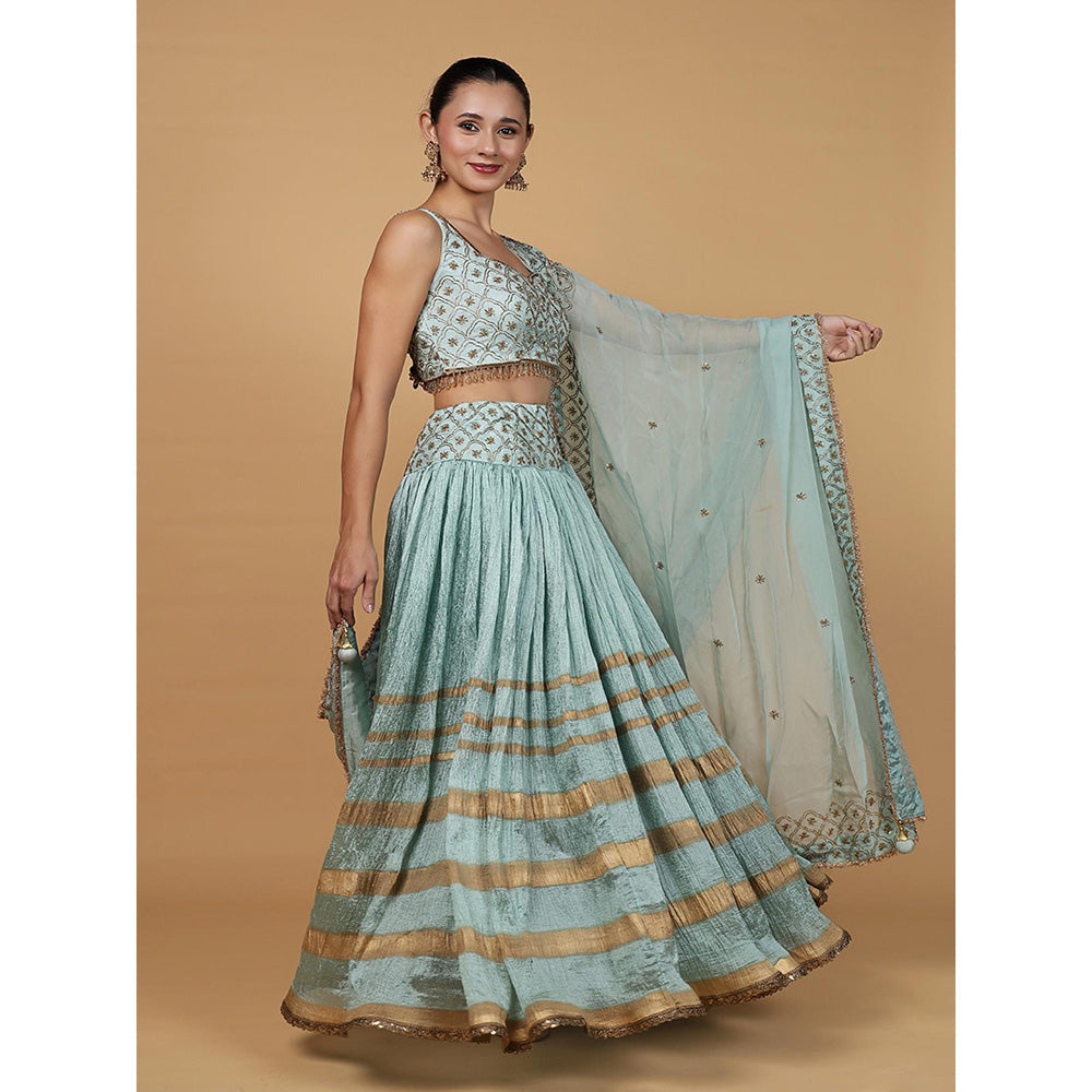 MILU MADAN Aqua Blue Viscose Silk Embroidery Lehenga with Blouse & Dupatta