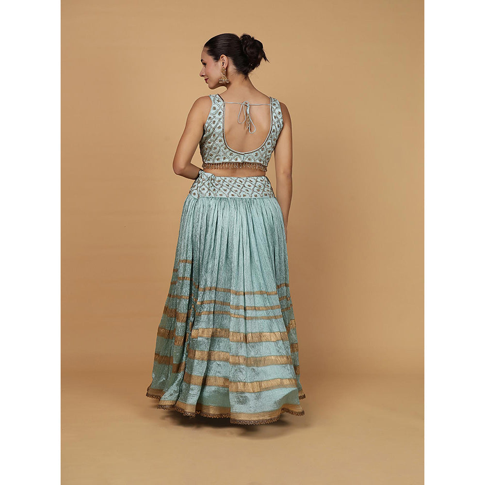 MILU MADAN Aqua Blue Viscose Silk Embroidery Lehenga with Blouse & Dupatta