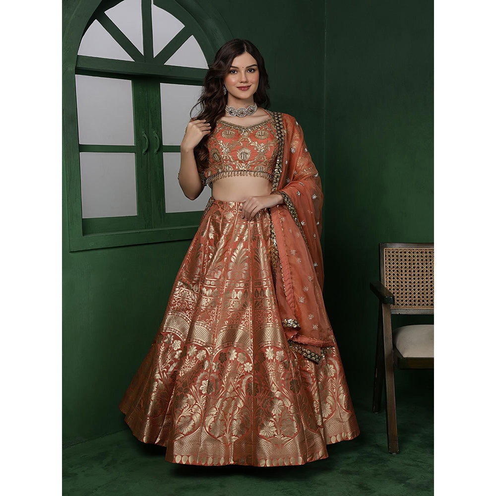 MILU MADAN Orange Banarsi Silk Brocade Lehenga with Blouse & Dupatta