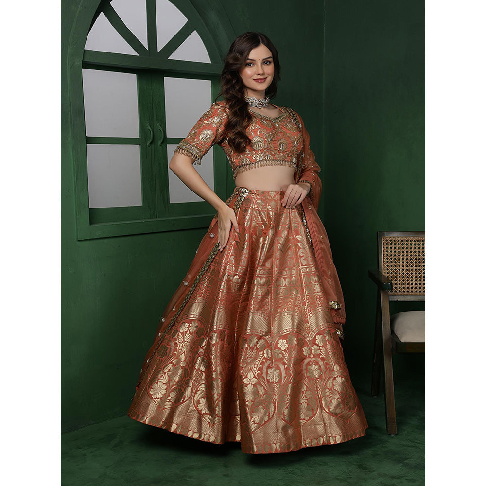 MILU MADAN Orange Banarsi Silk Brocade Lehenga with Blouse & Dupatta