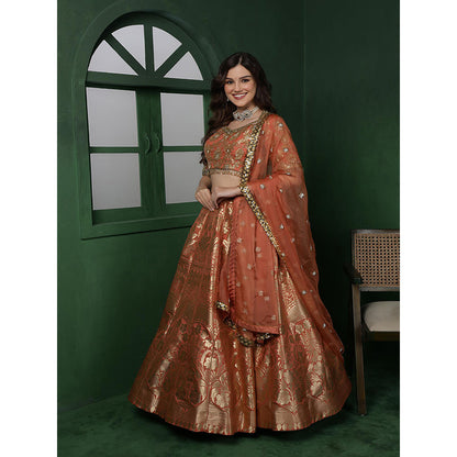 MILU MADAN Orange Banarsi Silk Brocade Lehenga with Blouse & Dupatta