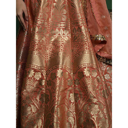 MILU MADAN Orange Banarsi Silk Brocade Lehenga with Blouse & Dupatta