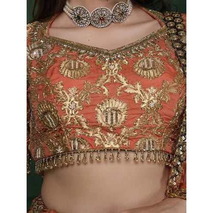 MILU MADAN Orange Banarsi Silk Brocade Lehenga with Blouse & Dupatta