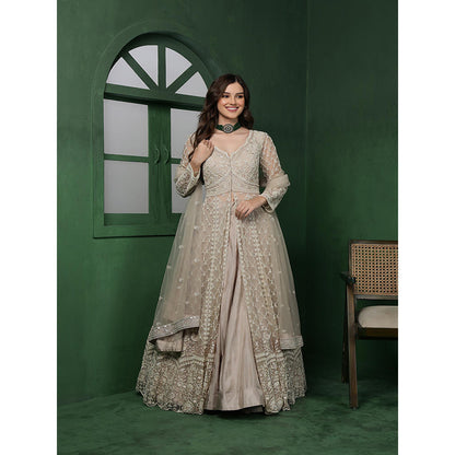 MILU MADAN Light Fawn Net Heavy Embroidered Jacket with Lehenga & Dupatta