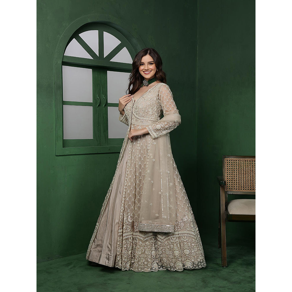 MILU MADAN Light Fawn Net Heavy Embroidered Jacket with Lehenga & Dupatta