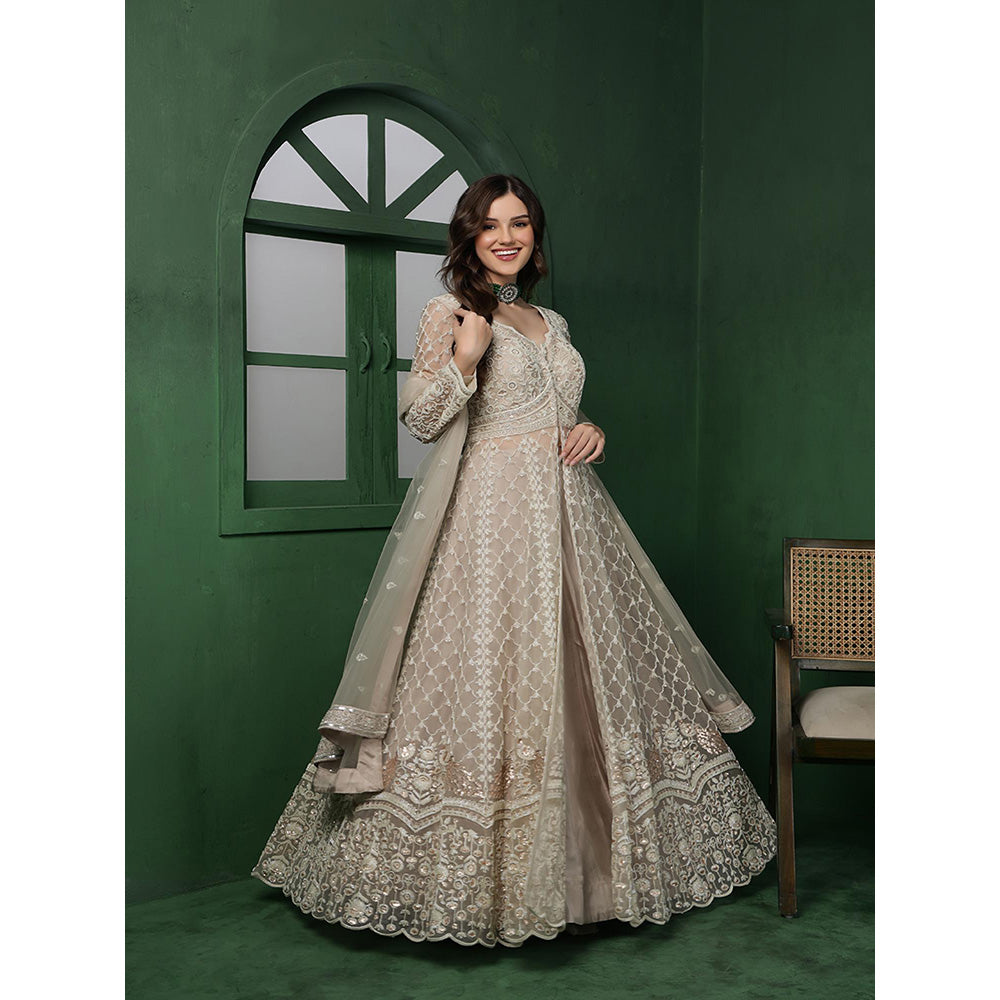 MILU MADAN Light Fawn Net Heavy Embroidered Jacket with Lehenga & Dupatta