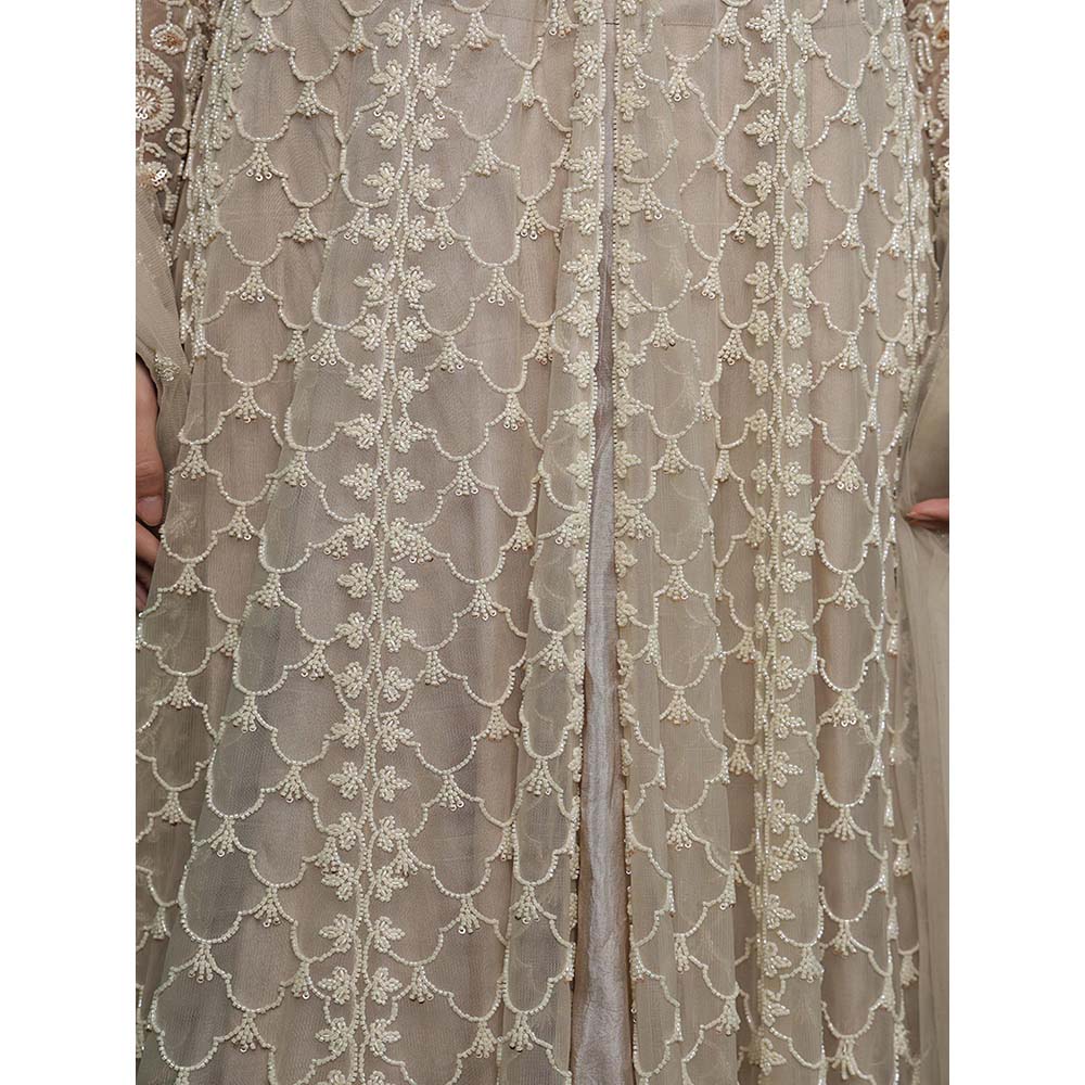 MILU MADAN Light Fawn Net Heavy Embroidered Jacket with Lehenga & Dupatta