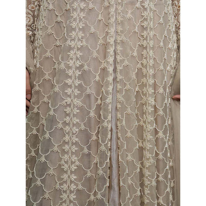 MILU MADAN Light Fawn Net Heavy Embroidered Jacket with Lehenga & Dupatta