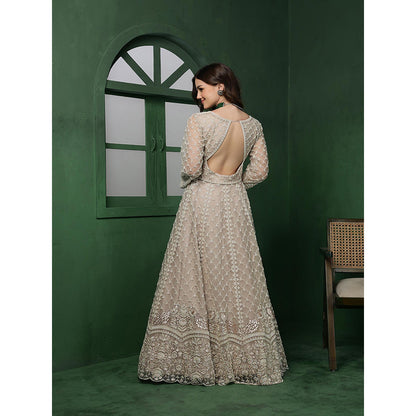 MILU MADAN Light Fawn Net Heavy Embroidered Jacket with Lehenga & Dupatta
