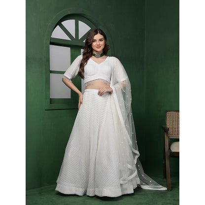 MILU MADAN White Double Net Beadwork Lehenga with Blouse & Dupatta