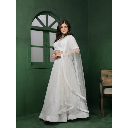 MILU MADAN White Double Net Beadwork Lehenga with Blouse & Dupatta