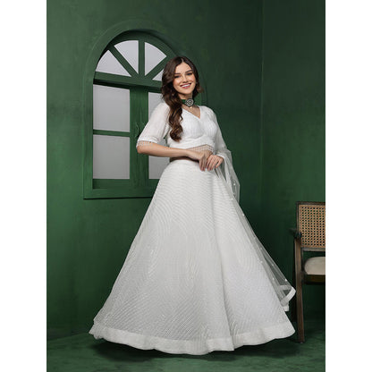 MILU MADAN White Double Net Beadwork Lehenga with Blouse & Dupatta
