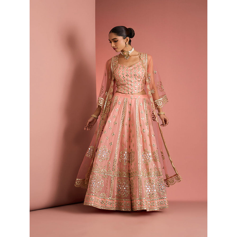 MILU MADAN Womens Georgette Silk Mirror Work Embroidered Taupe Blouse with Sharara and Cape