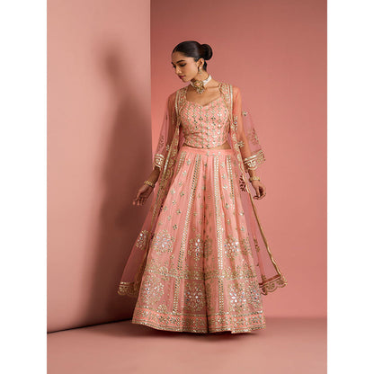 MILU MADAN Womens Georgette Silk Mirror Work Embroidered Taupe Blouse with Sharara and Cape