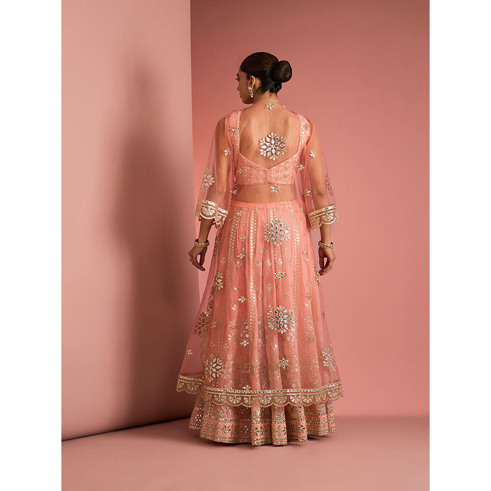 MILU MADAN Womens Georgette Silk Mirror Work Embroidered Taupe Blouse with Sharara and Cape