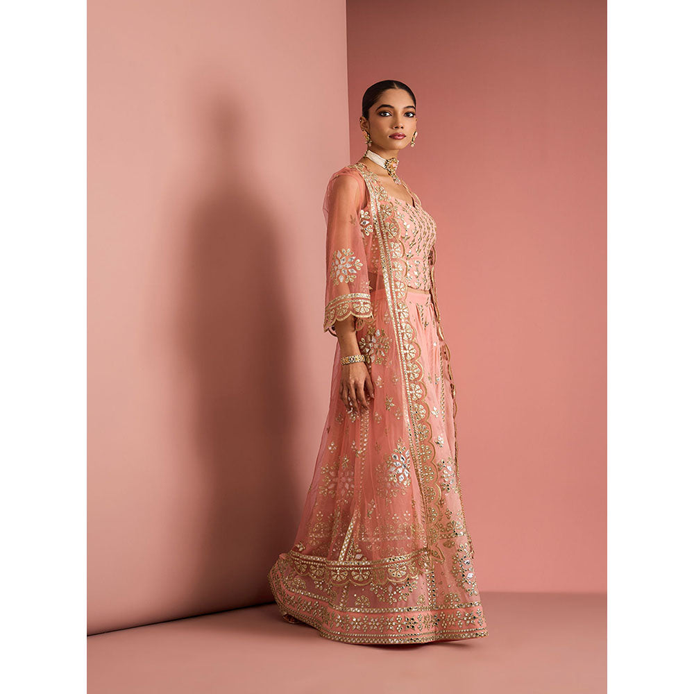 MILU MADAN Womens Georgette Silk Mirror Work Embroidered Taupe Blouse with Sharara and Cape
