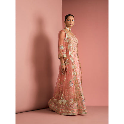 MILU MADAN Womens Georgette Silk Mirror Work Embroidered Taupe Blouse with Sharara and Cape