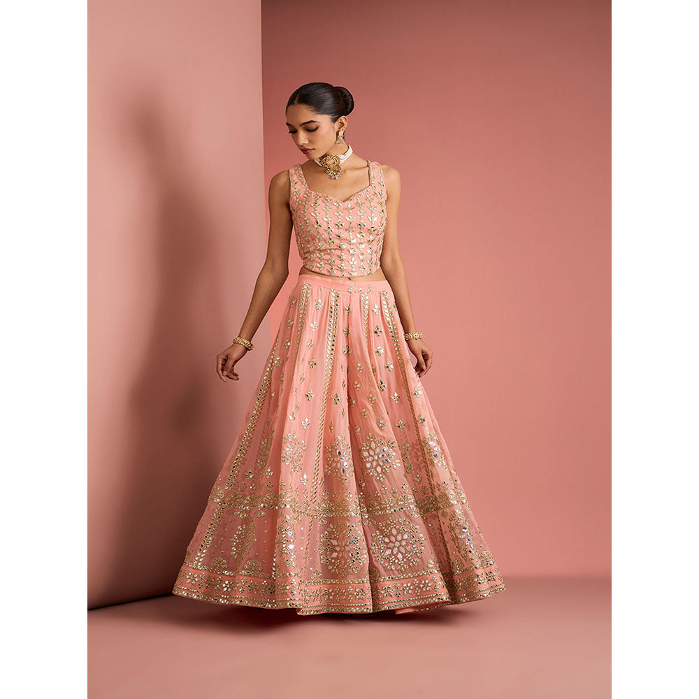 MILU MADAN Womens Georgette Silk Mirror Work Embroidered Taupe Blouse with Sharara and Cape