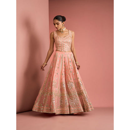 MILU MADAN Womens Georgette Silk Mirror Work Embroidered Taupe Blouse with Sharara and Cape