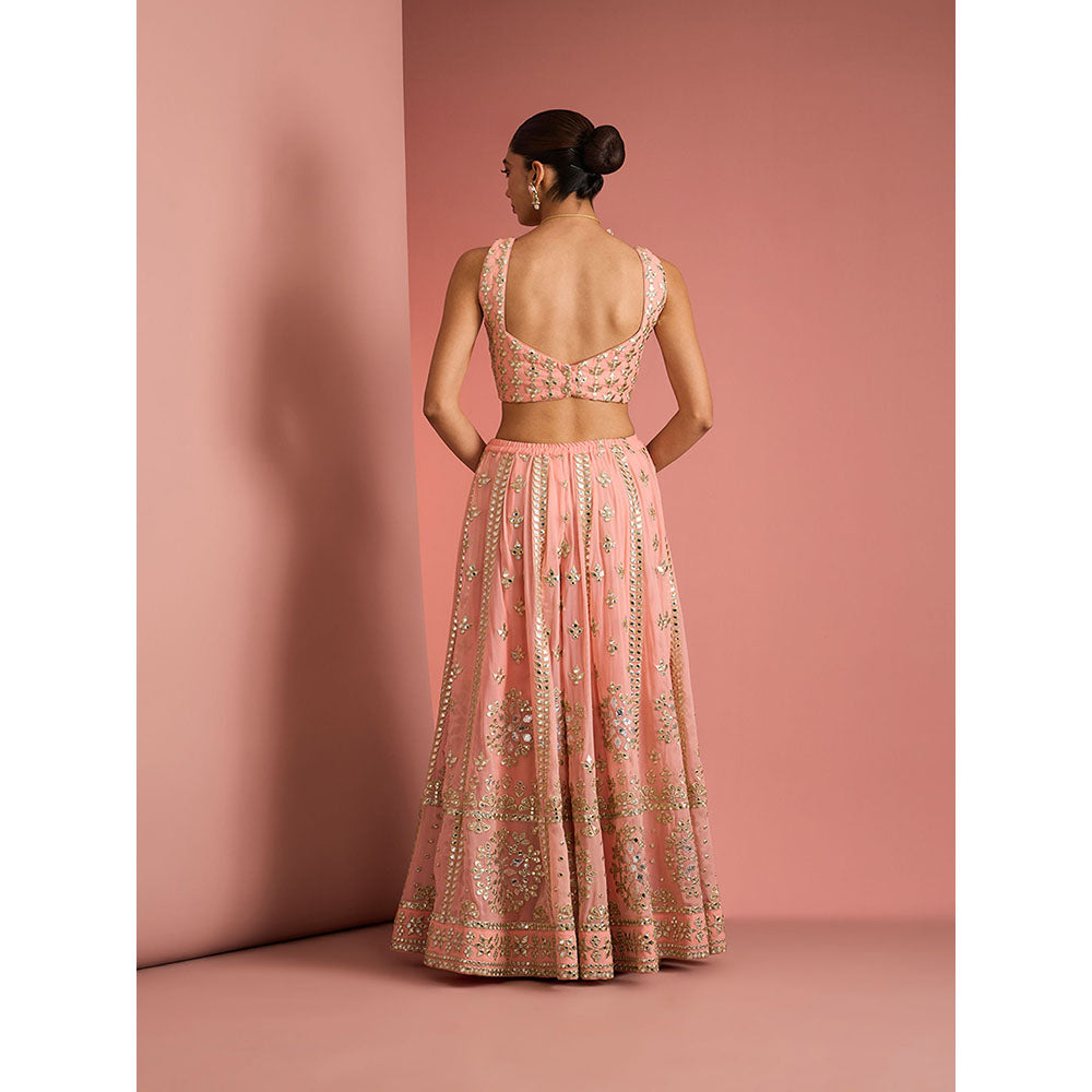MILU MADAN Womens Georgette Silk Mirror Work Embroidered Taupe Blouse with Sharara and Cape