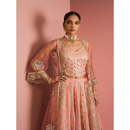 MILU MADAN Womens Georgette Silk Mirror Work Embroidered Taupe Blouse with Sharara and Cape