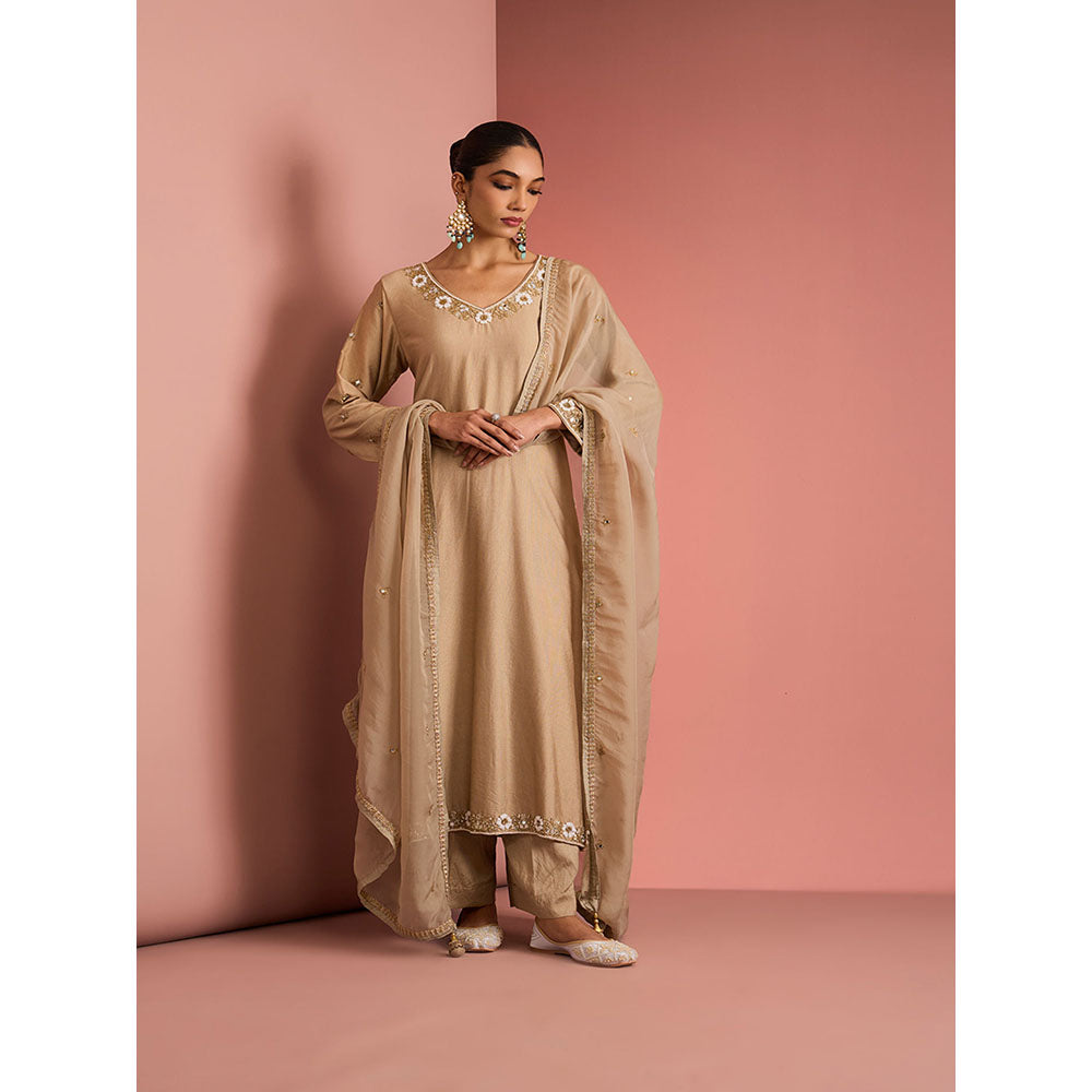 MILU MADAN Womens Cotton Silk Beads Embroidered Taupe Kurta with Palazzo and Dupatta