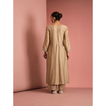 MILU MADAN Womens Cotton Silk Beads Embroidered Taupe Kurta with Palazzo and Dupatta