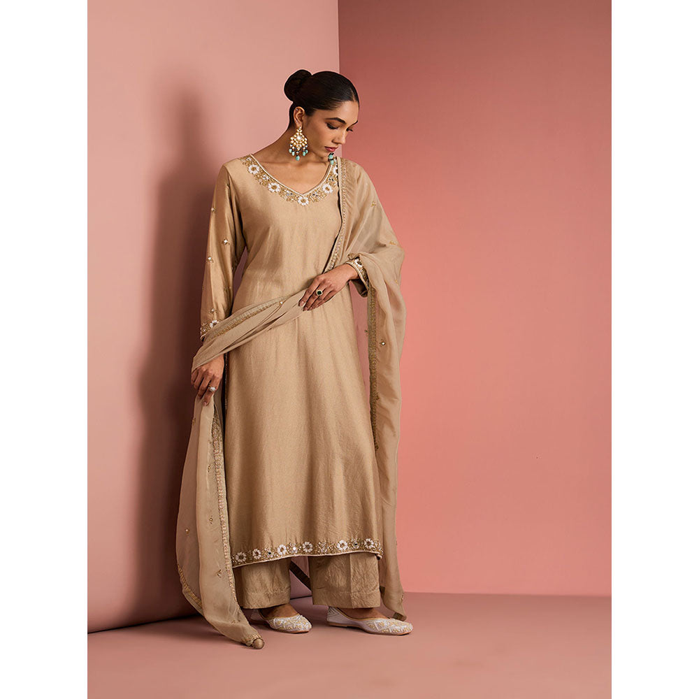 MILU MADAN Womens Cotton Silk Beads Embroidered Taupe Kurta with Palazzo and Dupatta