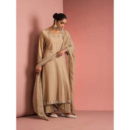 MILU MADAN Womens Cotton Silk Beads Embroidered Taupe Kurta with Palazzo and Dupatta