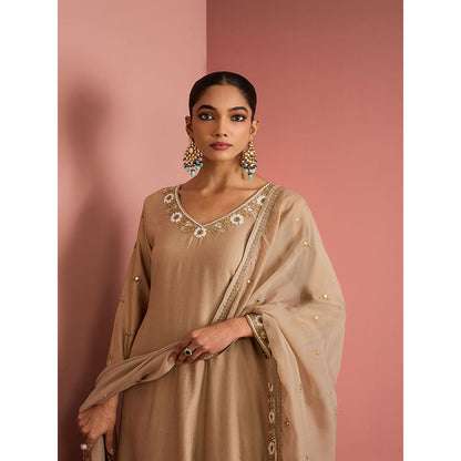 MILU MADAN Womens Cotton Silk Beads Embroidered Taupe Kurta with Palazzo and Dupatta