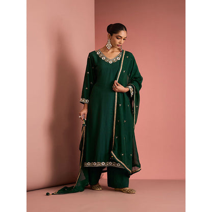 MILU MADAN Womens Cotton Silk Beads Embroidered Green Kurta with Palazzo and Dupatta