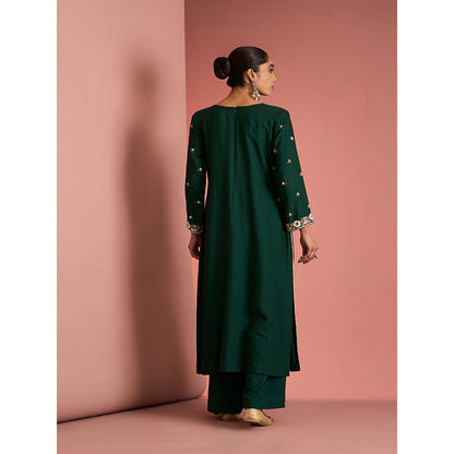 MILU MADAN Womens Cotton Silk Beads Embroidered Green Kurta with Palazzo and Dupatta