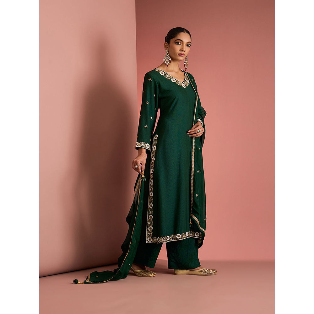 MILU MADAN Womens Cotton Silk Beads Embroidered Green Kurta with Palazzo and Dupatta