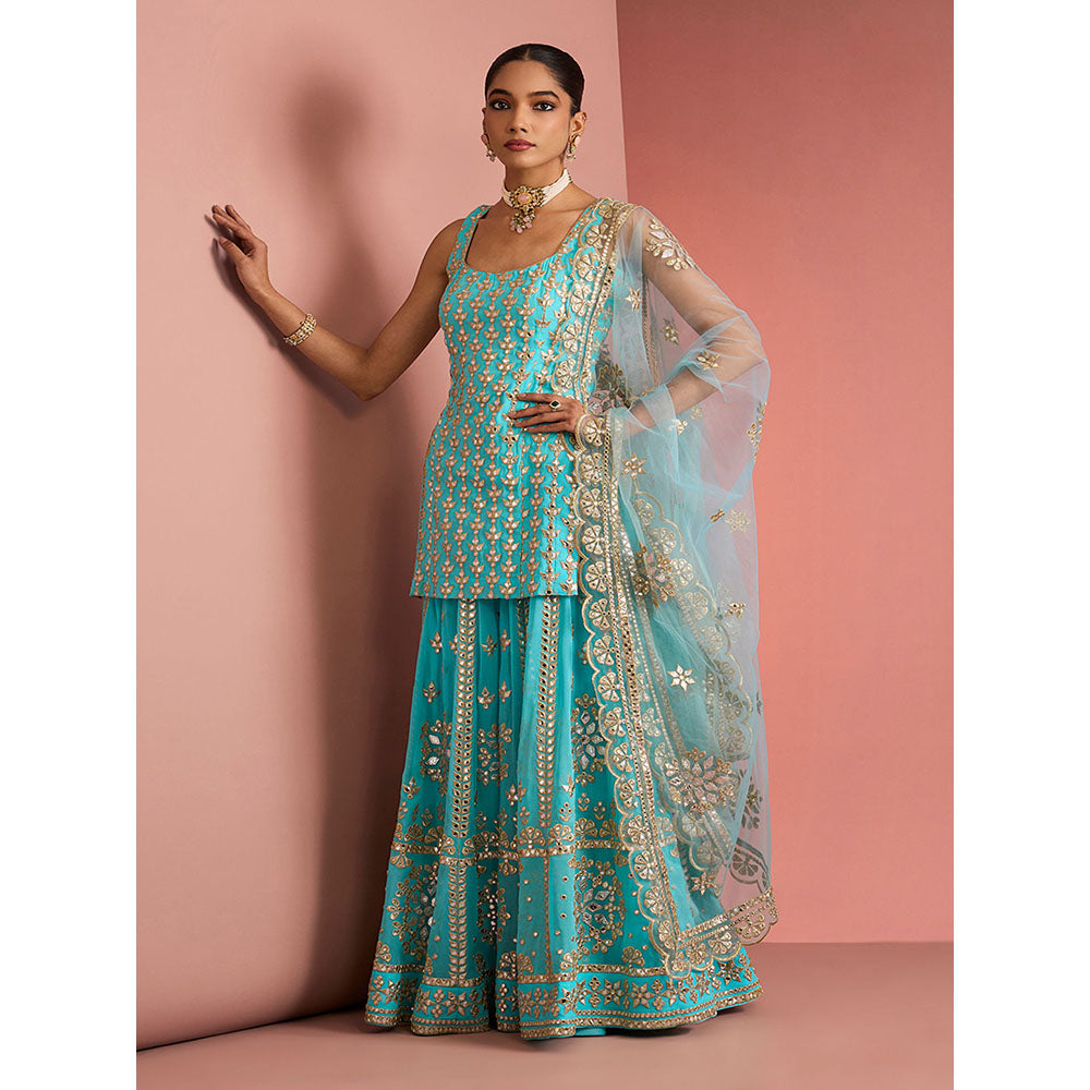 MILU MADAN Womens Georgette Silk Mirror Work Embroidered Blue Kurti with Sharara and Dupatta