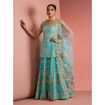 MILU MADAN Womens Georgette Silk Mirror Work Embroidered Blue Kurti with Sharara and Dupatta