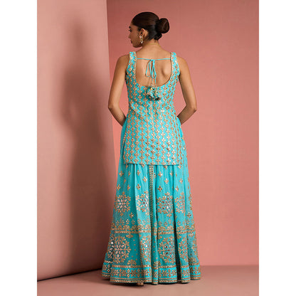 MILU MADAN Womens Georgette Silk Mirror Work Embroidered Blue Kurti with Sharara and Dupatta