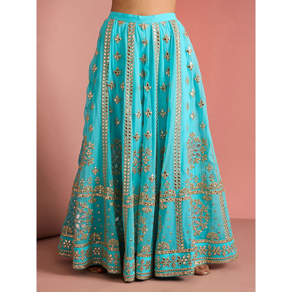 MILU MADAN Womens Georgette Silk Mirror Work Embroidered Blue Kurti with Sharara and Dupatta