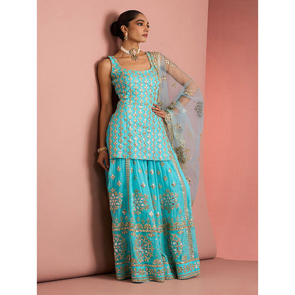 MILU MADAN Womens Georgette Silk Mirror Work Embroidered Blue Kurti with Sharara and Dupatta