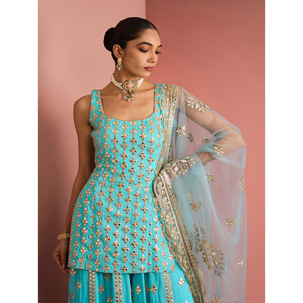 MILU MADAN Womens Georgette Silk Mirror Work Embroidered Blue Kurti with Sharara and Dupatta