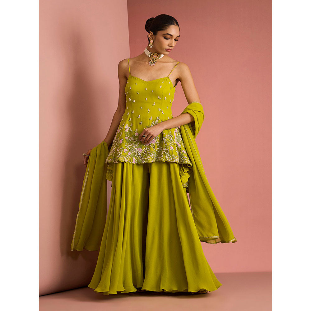 MILU MADAN Womens Georgette Silk Beads Embroidered Green Kurti with Sharara and Dupatta