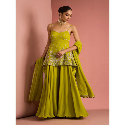 MILU MADAN Womens Georgette Silk Beads Embroidered Green Kurti with Sharara and Dupatta