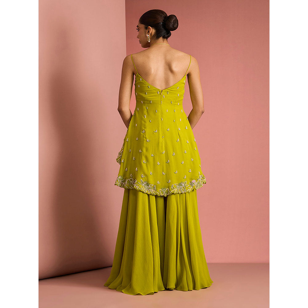 MILU MADAN Womens Georgette Silk Beads Embroidered Green Kurti with Sharara and Dupatta