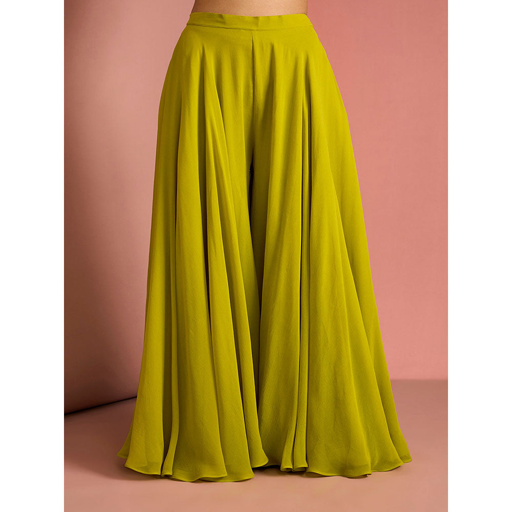 MILU MADAN Womens Georgette Silk Beads Embroidered Green Kurti with Sharara and Dupatta