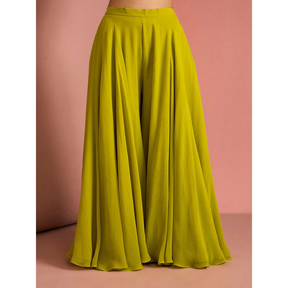 MILU MADAN Womens Georgette Silk Beads Embroidered Green Kurti with Sharara and Dupatta